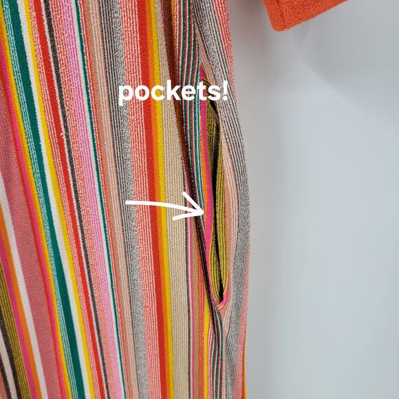 VTG Sears 70s Multicolor Striped House Coat Small Orange Robe Keyhole Back - Picture 12 of 16